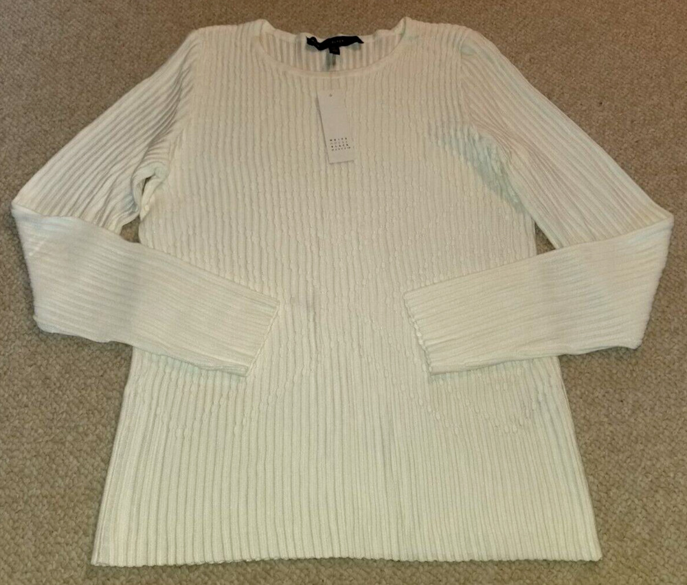 NWT $89 Womens Sweater-WHITE HOUSE BLACK MARKET-ivory "Textured Crew Neck PO"-PS